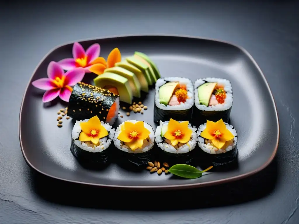 Delicioso sushi vegano fusionado con ingredientes internacionales en una presentación vibrante y moderna