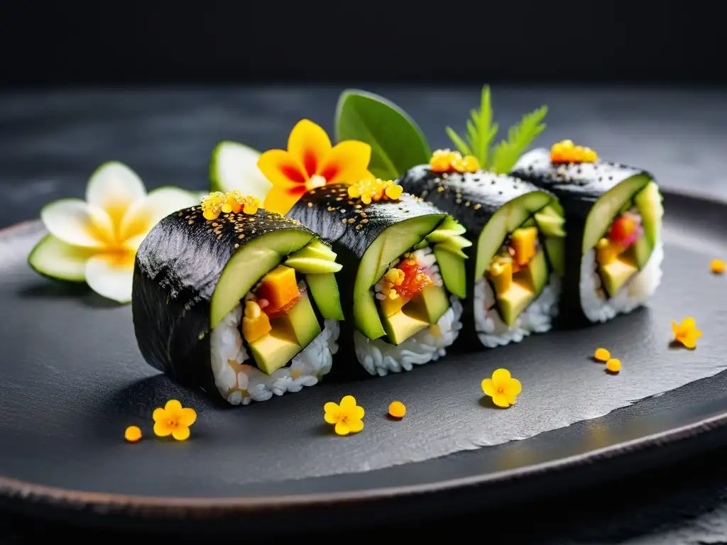 Delicioso sushi vegano con fusiones culturales en un plato de pizarra negro