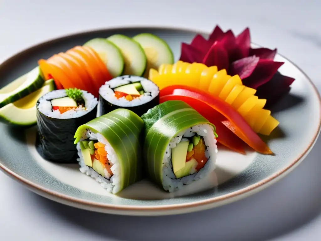 Delicioso sushi vegano fusionando sabores de Asia y América en un rollo colorido y vibrante en un plato moderno