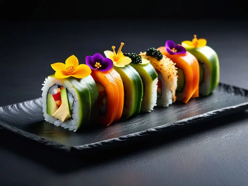 Delicioso sushi vegano fusionando sabores de Asia y América, con aguacate, mango y pimientos, adornado con flores comestibles