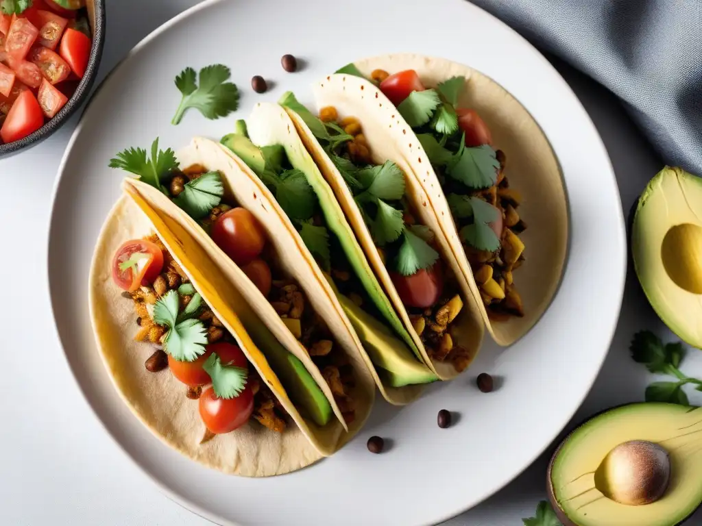 Delicioso taco de jackfruit vibrante y colorido con aguacate, tomate, cilantro y salsa chipotle