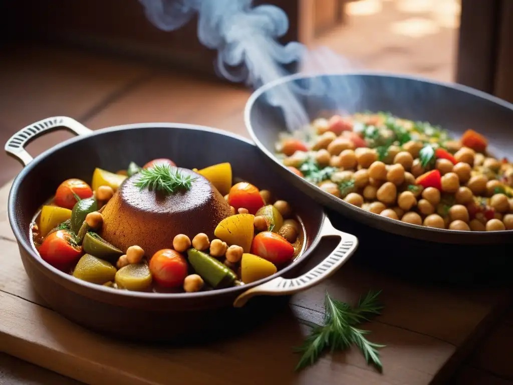 Un delicioso tagine vegano con verduras coloridas y aromáticas, en una cocina marroquí acogedora