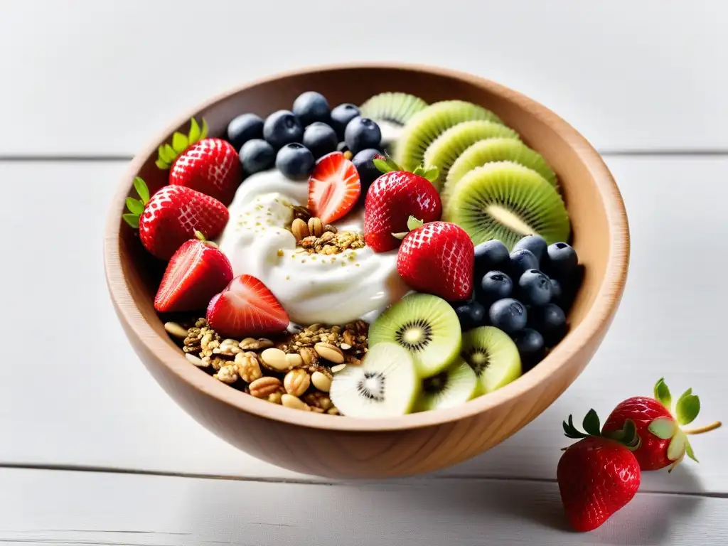 Un delicioso tazón de desayuno vegano lleno de frutas vibrantes, semillas y yogur vegetal, sobre una mesa de madera moderna