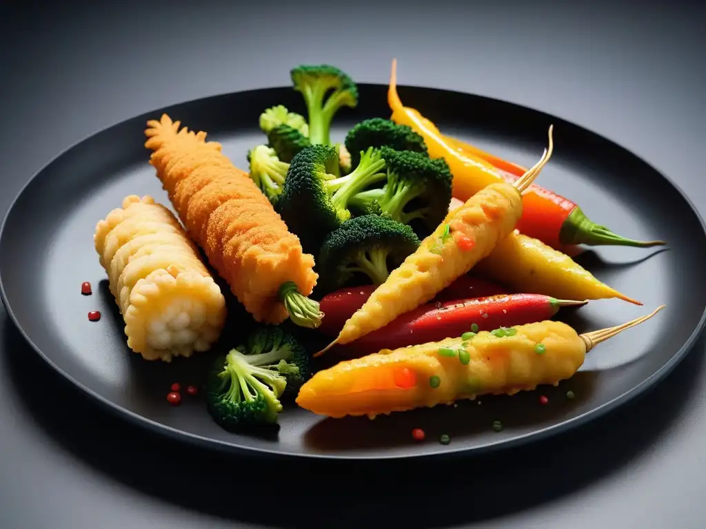 Delicioso tempura vegano dorado y crujiente con zanahorias, pimientos, batatas y brócoli, en elegante plato negro