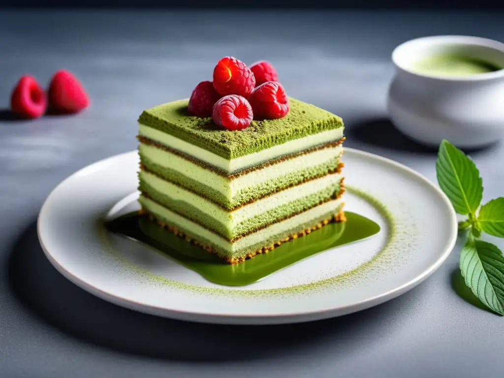 Delicioso tiramisú vegano de té matcha, con capas de bizcocho de té verde, crema de matcha y frambuesas frescas