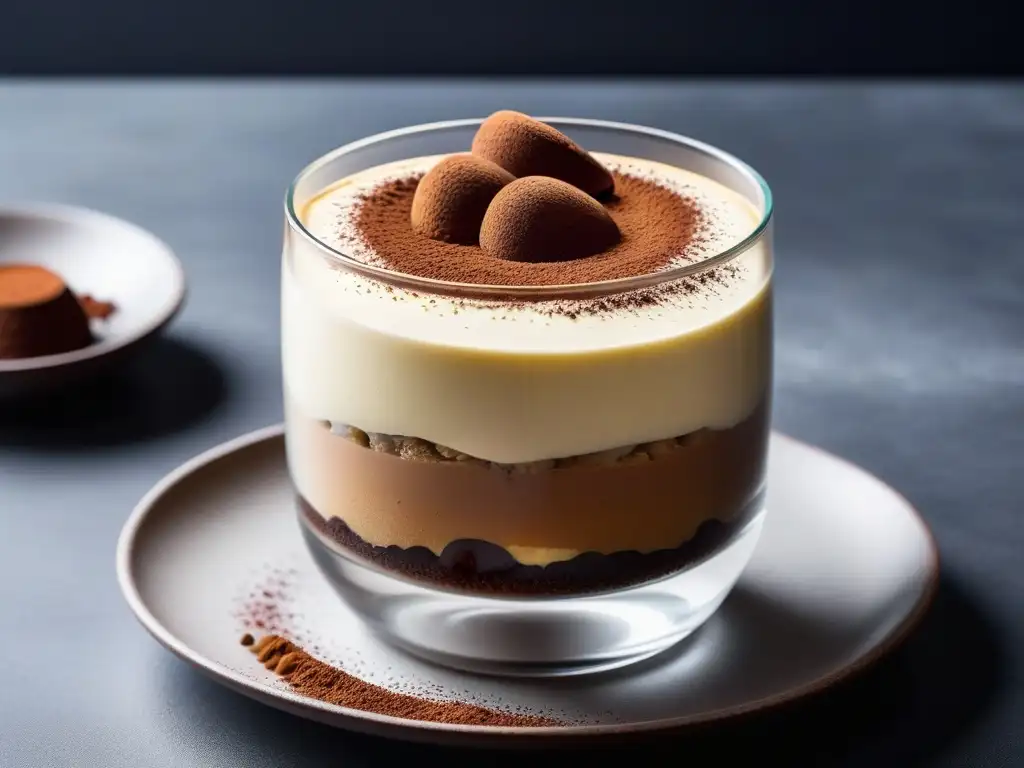 Delicioso tiramisú vegano con capas de bizcocho, crema de anacardos y cacao