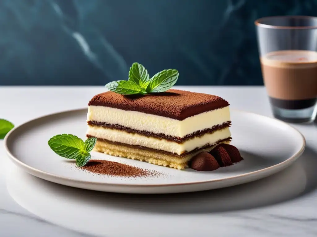 Delicioso tiramisú vegano con capas de bizcochos, mascarpone sin lácteos y cacao, presentado elegantemente