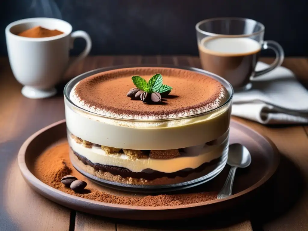 Delicioso tiramisú vegano sin lácteos, con capas de crema esponjosa, bizcochos empapados en café y cacao en polvo