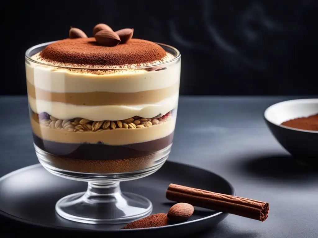 Delicioso Tiramisú vegano en vaso de postre, capas perfectas de crema de anacardos y bizcochos empapados en espresso, espolvoreado con cacao