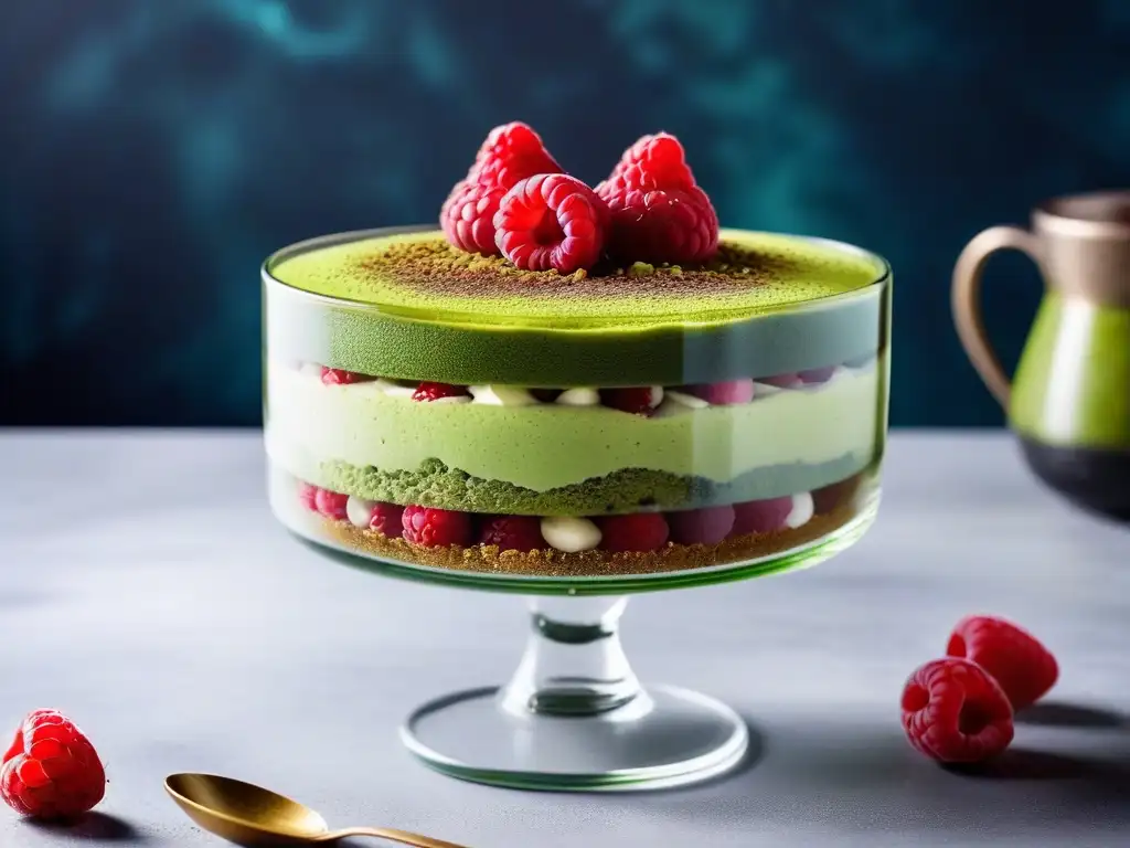 Delicioso tiramisú vegano de té matcha en vaso, con crema verde, bizcocho esponjoso, polvo matcha y frambuesas frescas