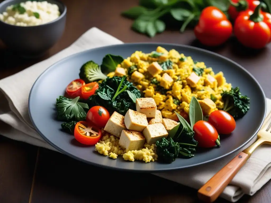 Delicioso tofu revuelto vegano con vegetales coloridos