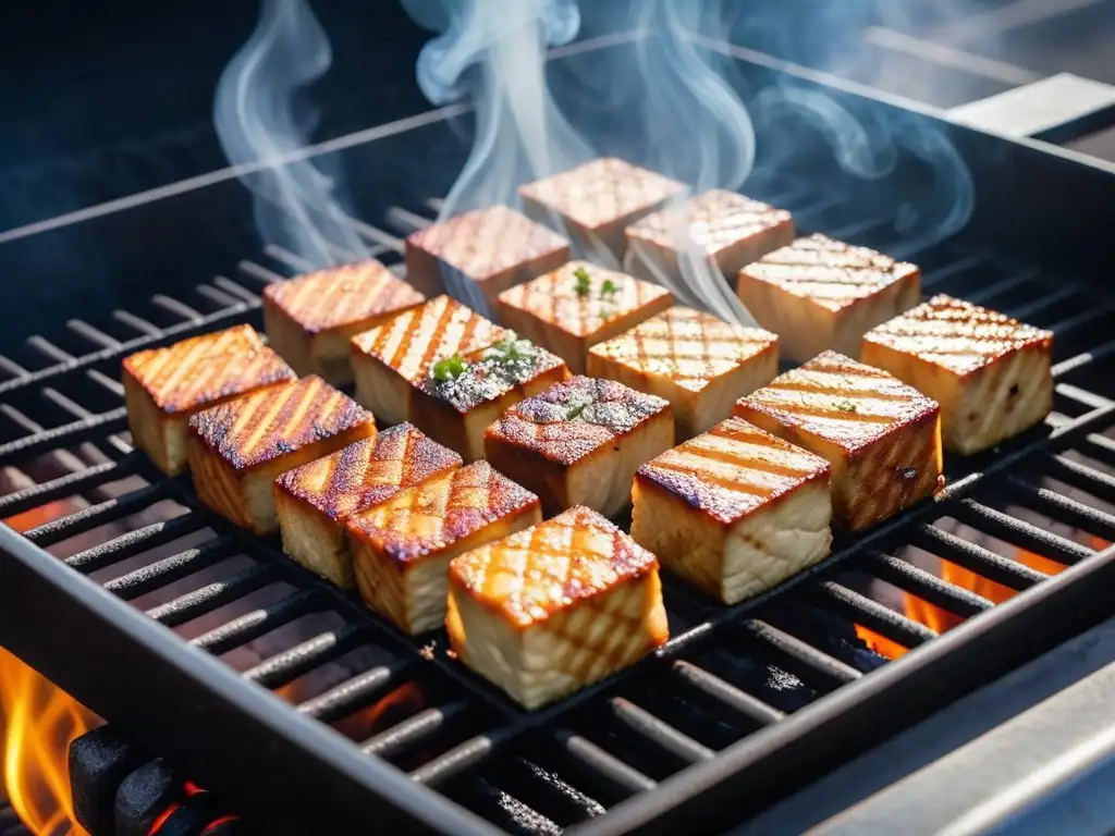 Delicioso tofu y tempeh marinados a la parrilla, humeantes