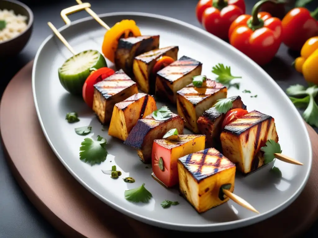 Delicioso paneer tikka vegano en brocheta, con colores vibrantes y grill marks, en un entorno elegante de cocina moderna