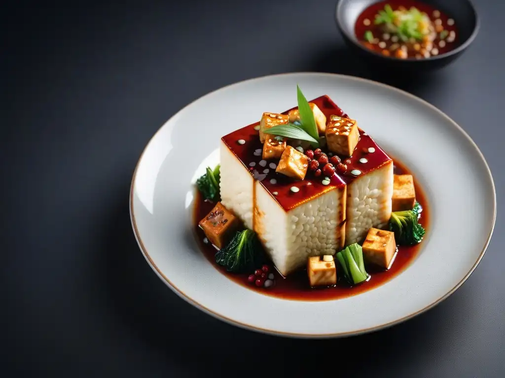 Delicioso mapo tofu vegano con tofu chino en plato blanco, decorado con scallions y sésamo en mesa minimalista