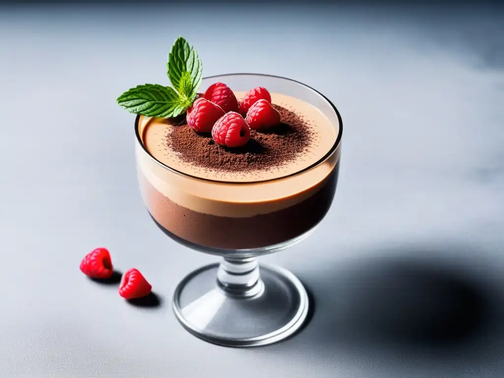 Delicioso mousse vegano de chocolate con frambuesas y menta en copa elegante