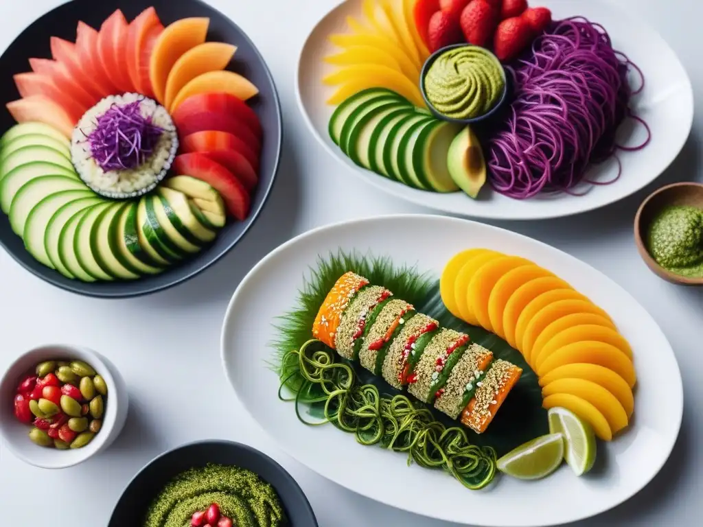 Delicioso festín vegano crudo tendencias: ensaladas arcoíris, zoodles pesto, frutas frescas y rolls de aguacate