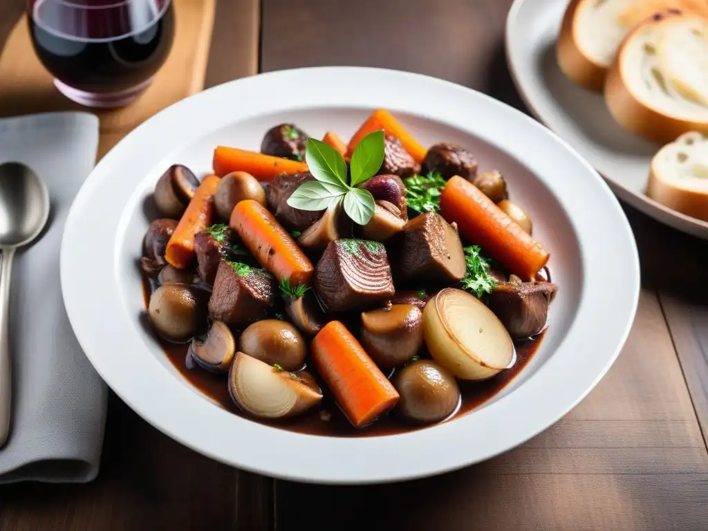 Delicioso boeuf bourguignon vegano en una escena apetitosa