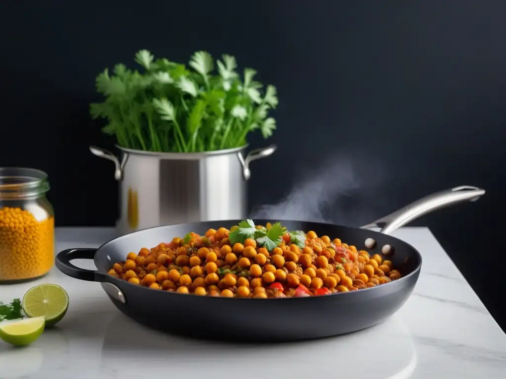 Un delicioso Chana Masala vegano, lleno de coloridas especias y garbanzos, junto con arroz basmati y cilantro fresco