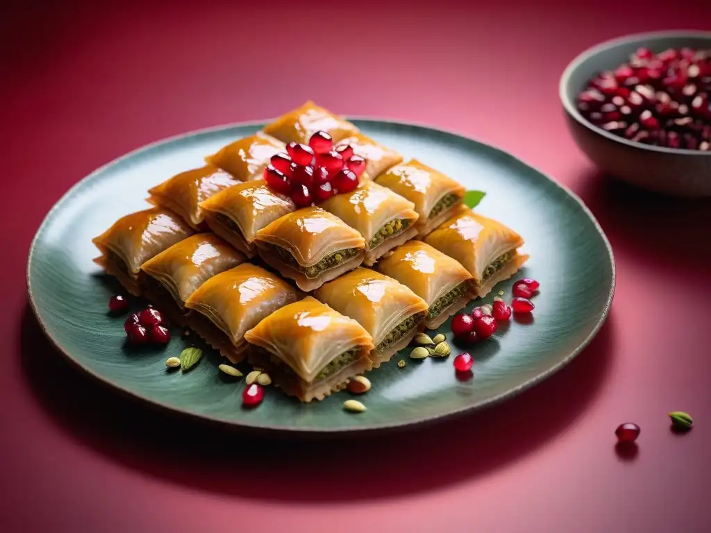 Delicioso baklava vegano mediterráneo con pistachos, nueces, sirope de agave y granada en mármol