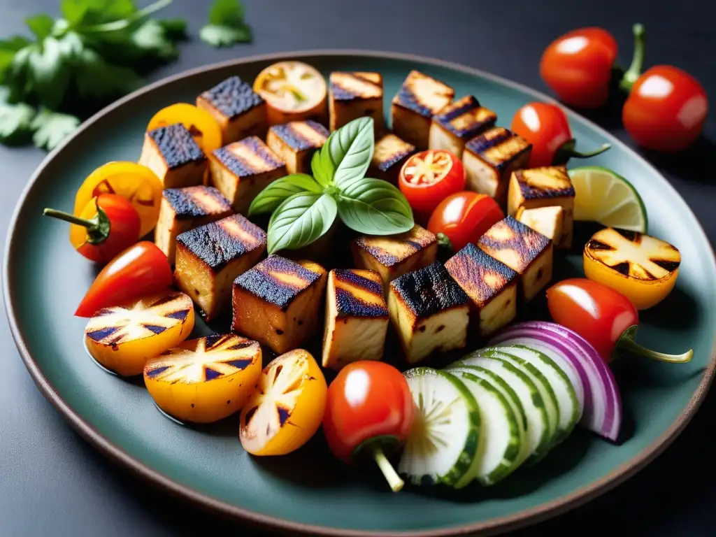 Delicioso paneer tikka vegano con tofu a la parrilla y verduras, servido con chutney de menta