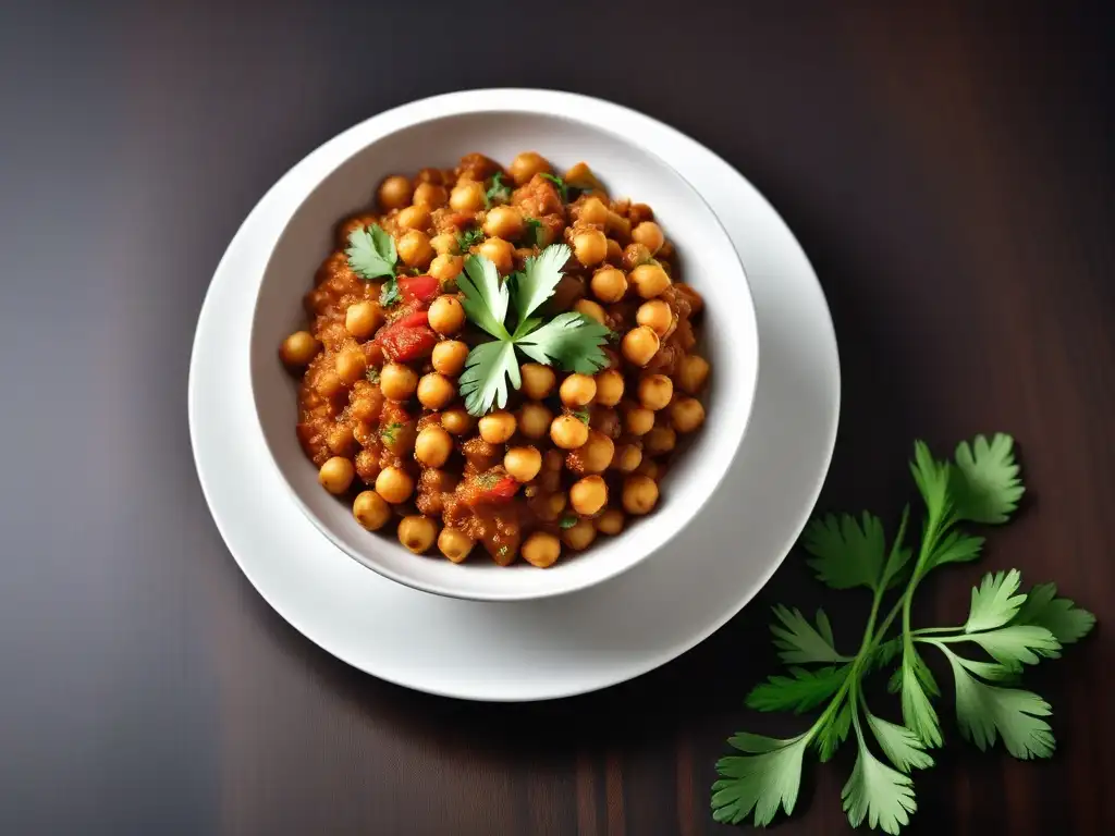 Delicioso Chana Masala Vegano: plato vibrante y colorido en un bol blanco, con especias y cilantro fresco