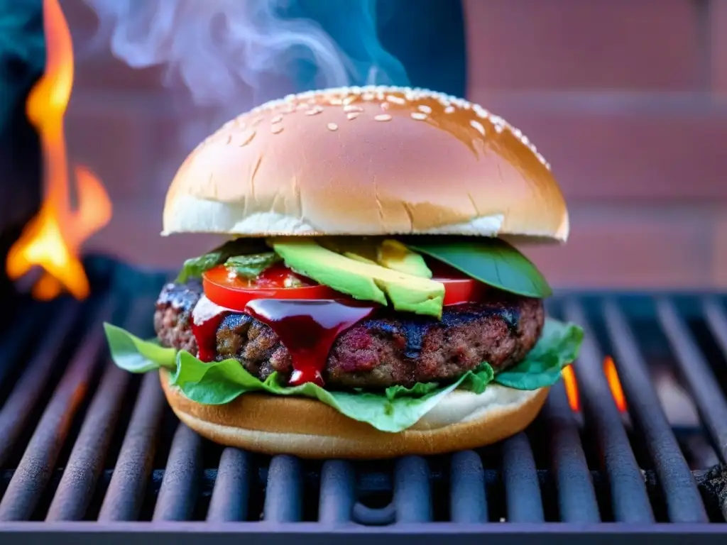 Delicioso burger vegano sangrante con queso y aguacate