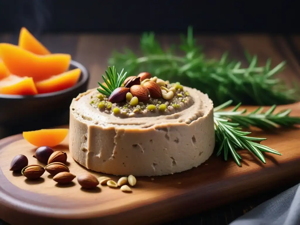 Delicioso paté vegetal casero adornado con ingredientes frescos en una tabla de madera rústica