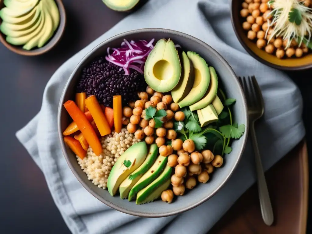 Un delicioso y vibrante Buddha bowl vegano con ingredientes coloridos y nutritivos, perfecto para recetas veganas cena un plato