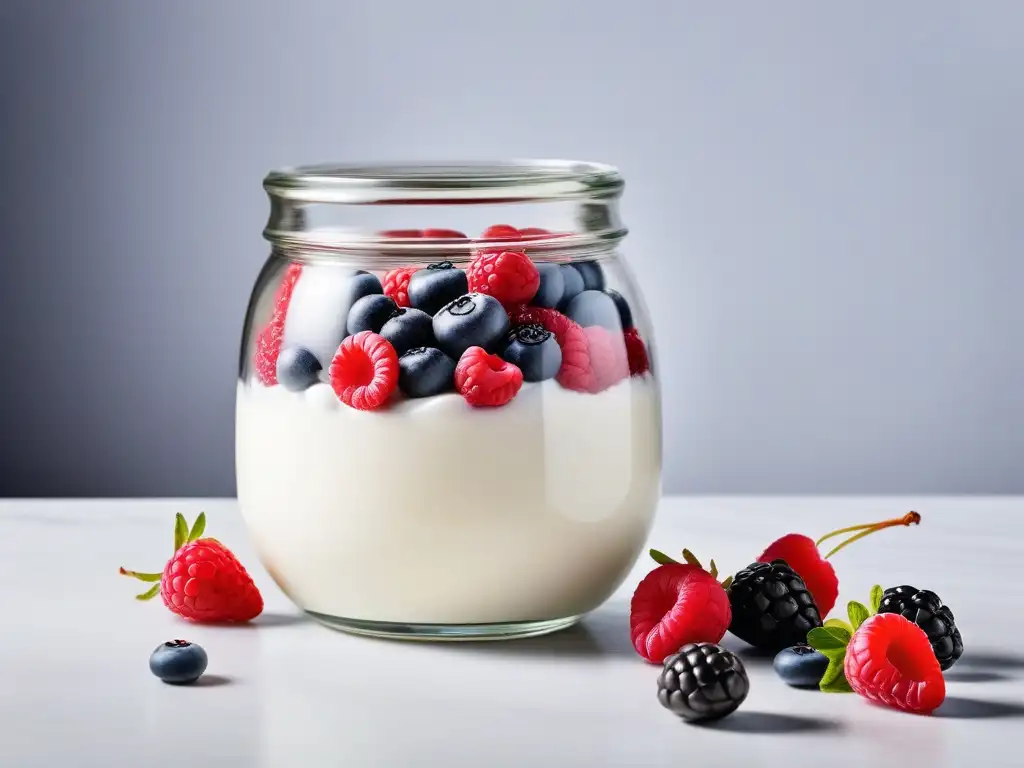 Delicioso yogur de coco casero vegano con bayas y granola, en tarro de cristal