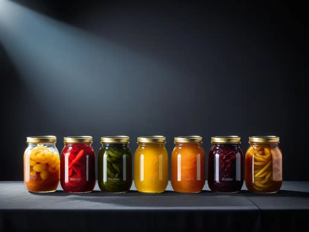 Deliciosos alimentos fermentados veganos en tarros coloridos con kimchi, chucrut y kombucha, en un fondo minimalista