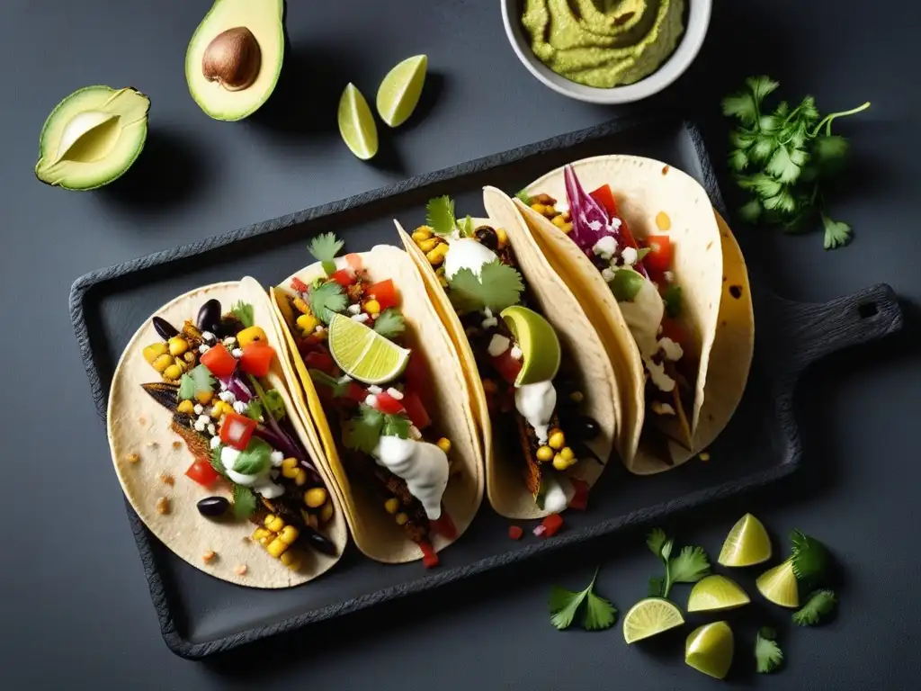 Deliciosos antojitos mexicanos veganos en vibrante presentación, con tacos, quesadillas y elote, todo en una elegante bandeja de pizarra