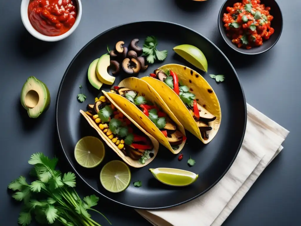 Deliciosos antojitos mexicanos veganos: vibrante plato de tacos con ingredientes coloridos y salsa fresca, presentados en un elegante plato negro