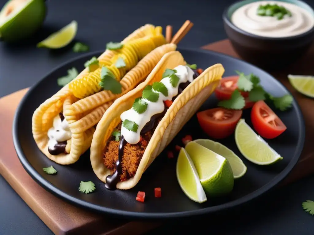 Deliciosos antojitos mexicanos veganos en una imagen vibrante y moderna, con tacos, elote y churros veganos