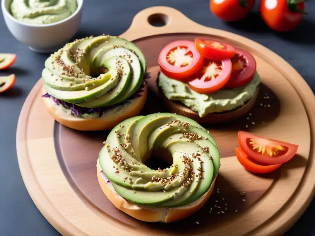 Deliciosos bagels veganos sin gluten con coloridas mezclas sobre tabla de madera, una receta irresistible