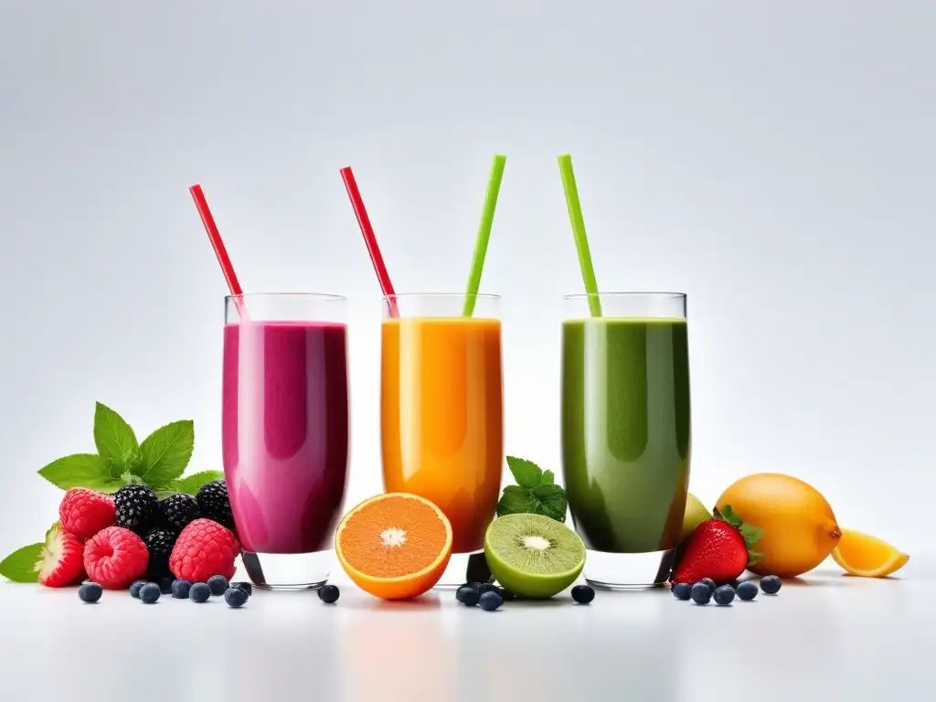 Deliciosos batidos veganos detox en vasos modernos, con frutas, semillas y hierbas frescas