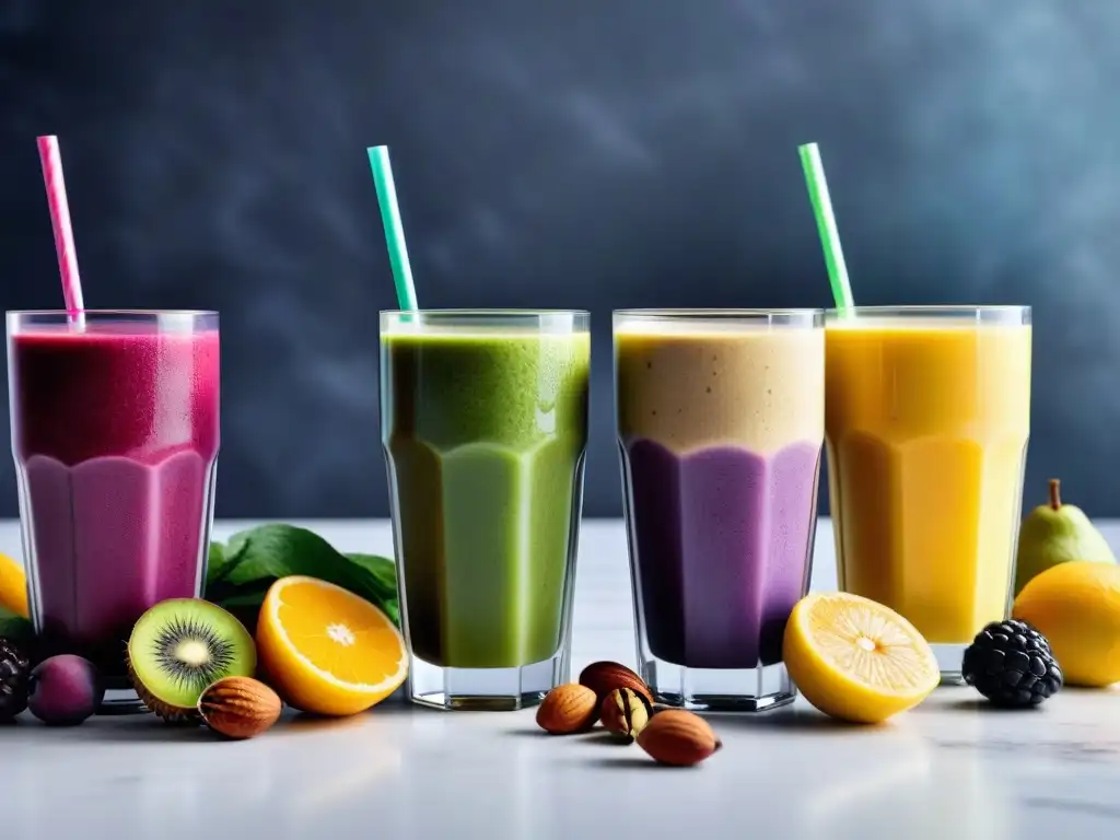 Deliciosos batidos veganos energéticos en vasos altos y elegantes, con capas de colores vibrantes y frescos ingredientes