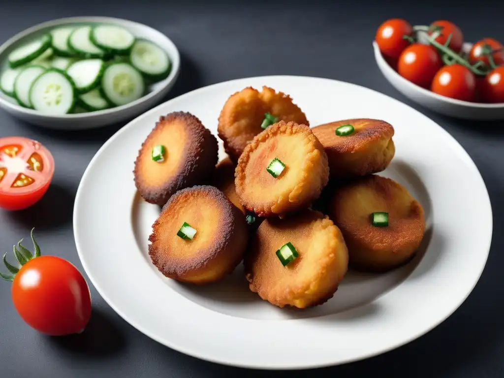 Deliciosos bocados veganos nigerianos con Akara dorado, tomate y pepino en un ambiente moderno y tradicional