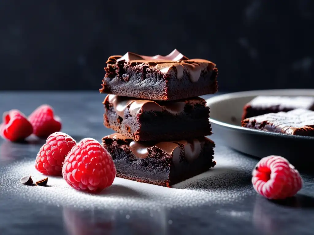 Deliciosos brownies veganos con crujiente capa de chocolate, frambuesas y azúcar glass, en elegante encimera de mármol