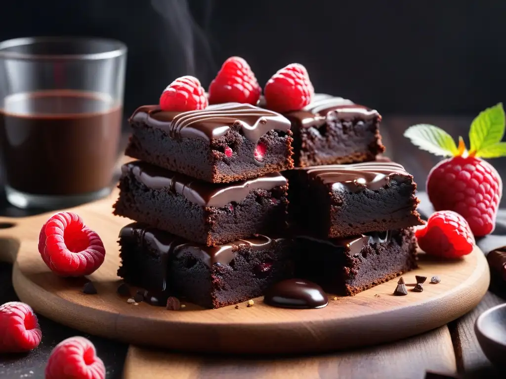 Deliciosos brownies veganos sin gluten, fudgy con sal marina, salsa de chocolate y frambuesas