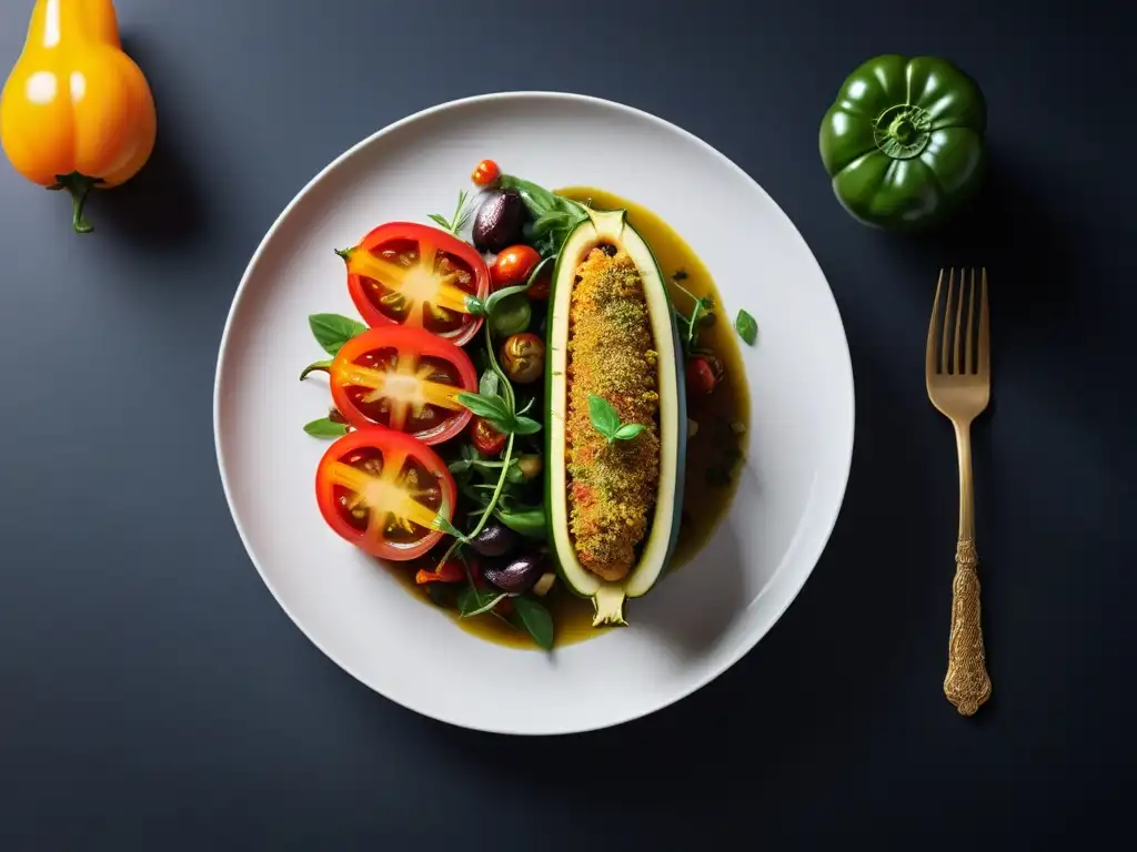 Deliciosos calabacines rellenos veganos con verduras coloridas y aceite de hierbas, presentados en un plato blanco sobre fondo oscuro