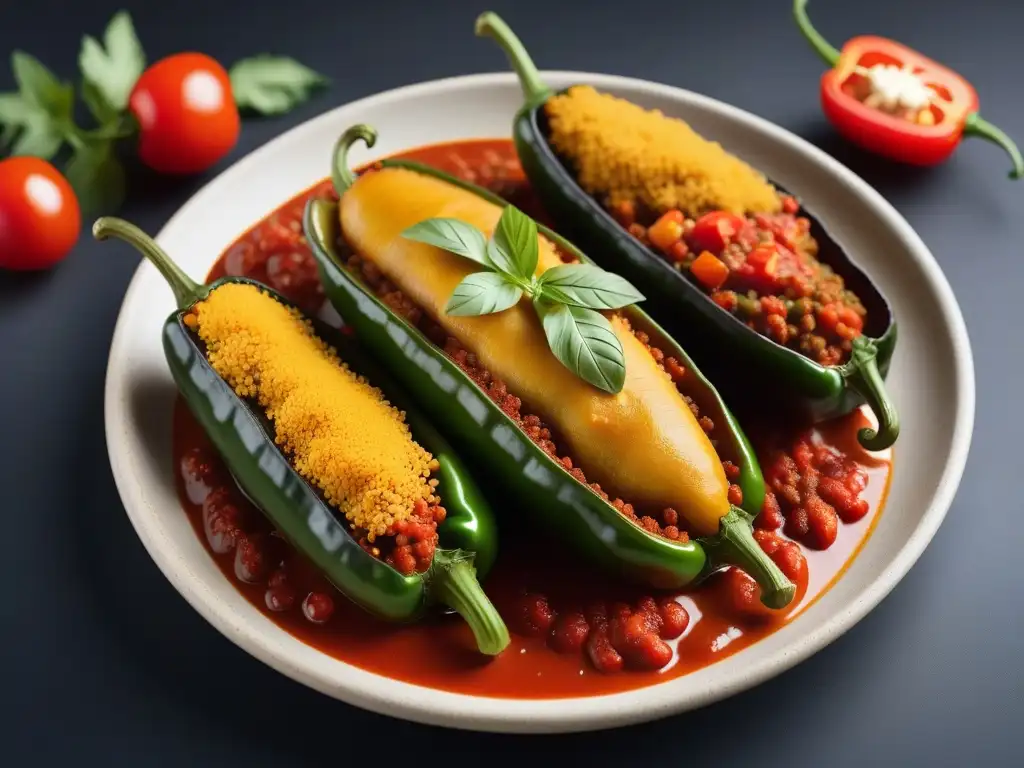 Deliciosos chiles rellenos veganos, una explosión de color con rellenos creativos y salsa vibrante