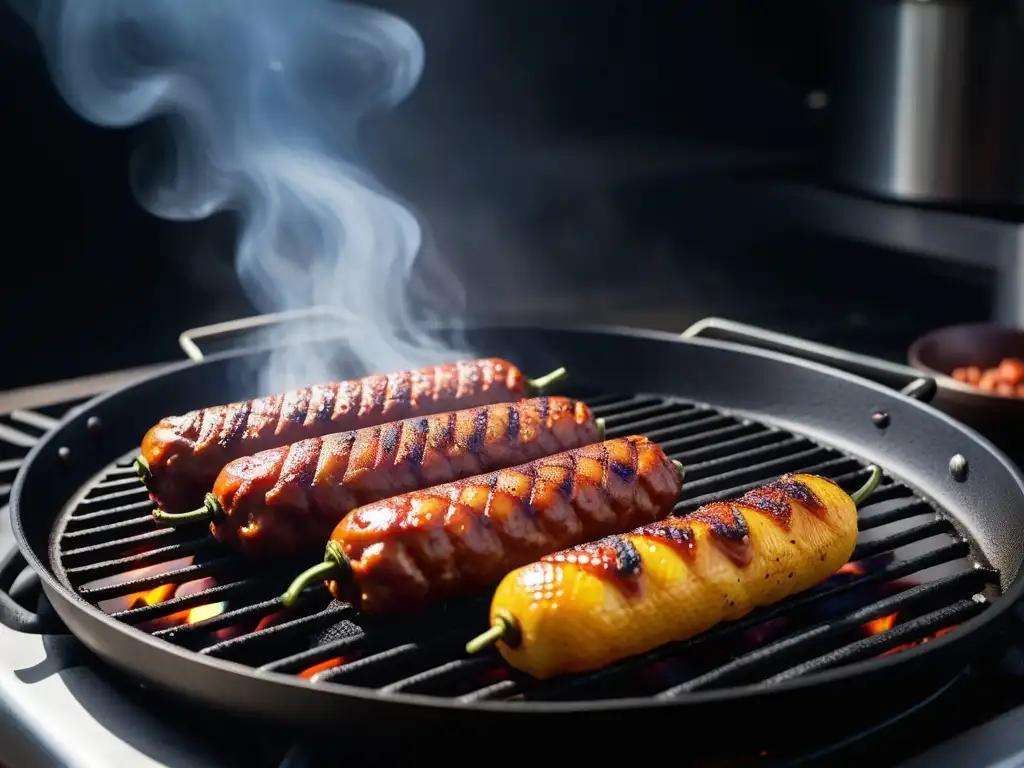 Deliciosos chorizos veganos caseros en una parrilla moderna, humeantes y perfectamente dorados