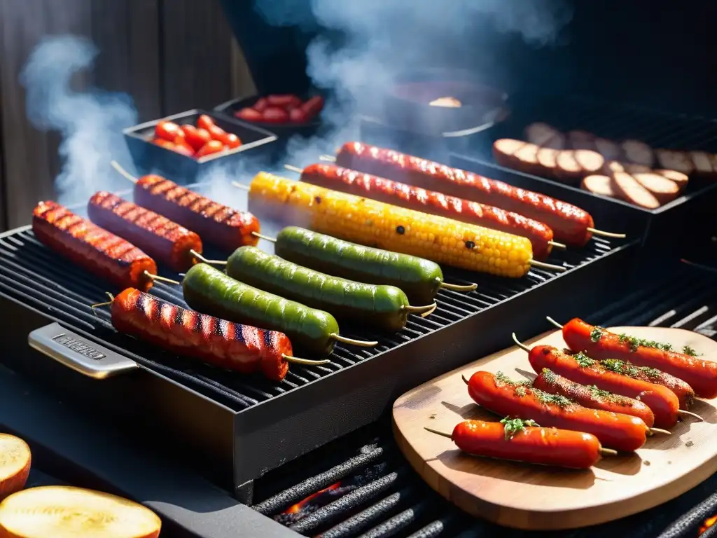 Deliciosos chorizos veganos caseros en la parrilla, con hierbas y especias