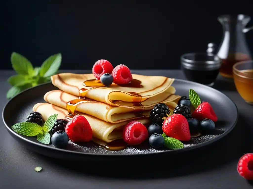 Deliciosos crepes veganos con bayas frescas, jarabe de arce y menta en plato minimalista negro