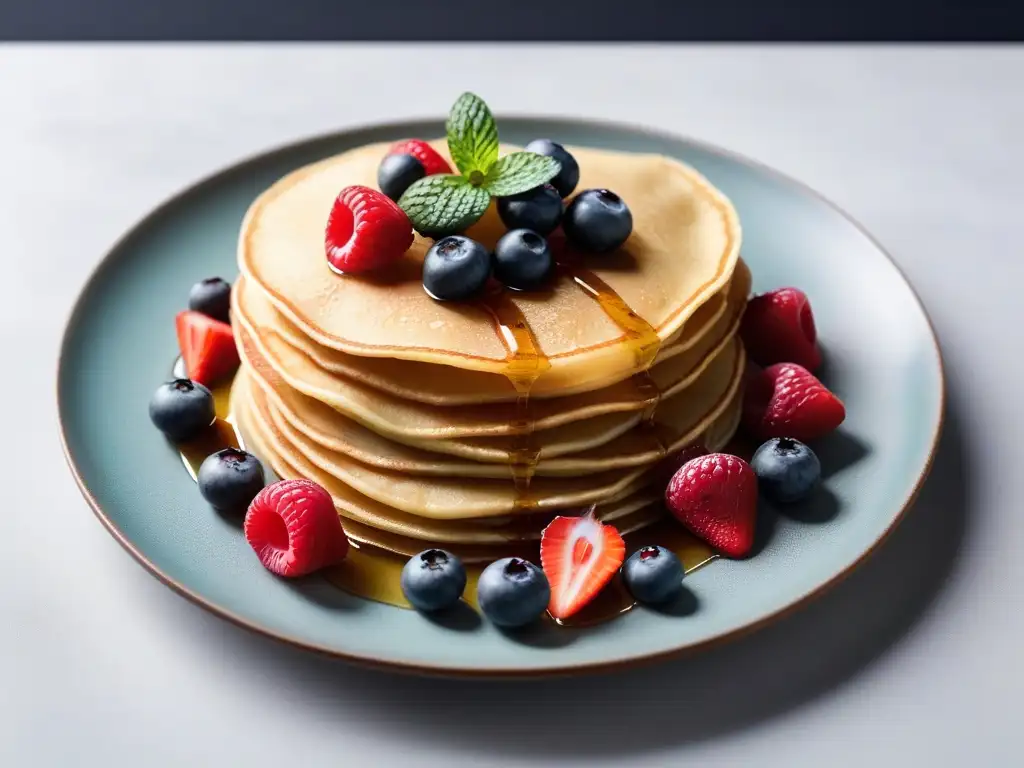 Deliciosos crepes veganos con bayas frescas, sirope de arce y menta en un plato elegante