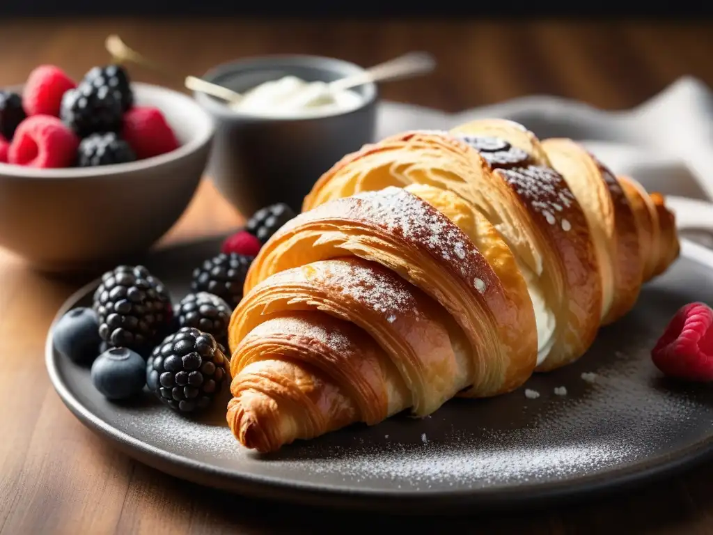 Deliciosos croissants veganos con bayas frescas y crema de coco, en una mesa rústica