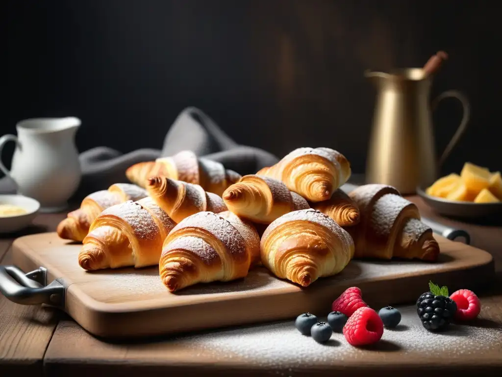 Unos deliciosos croissants veganos sin gluten receta sobre mesa de madera rústica, con bayas frescas y azúcar glass