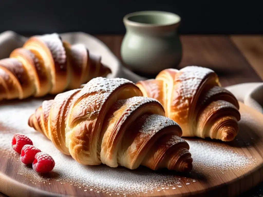 Deliciosos croissants veganos en tabla de madera, espolvoreados con azúcar glass