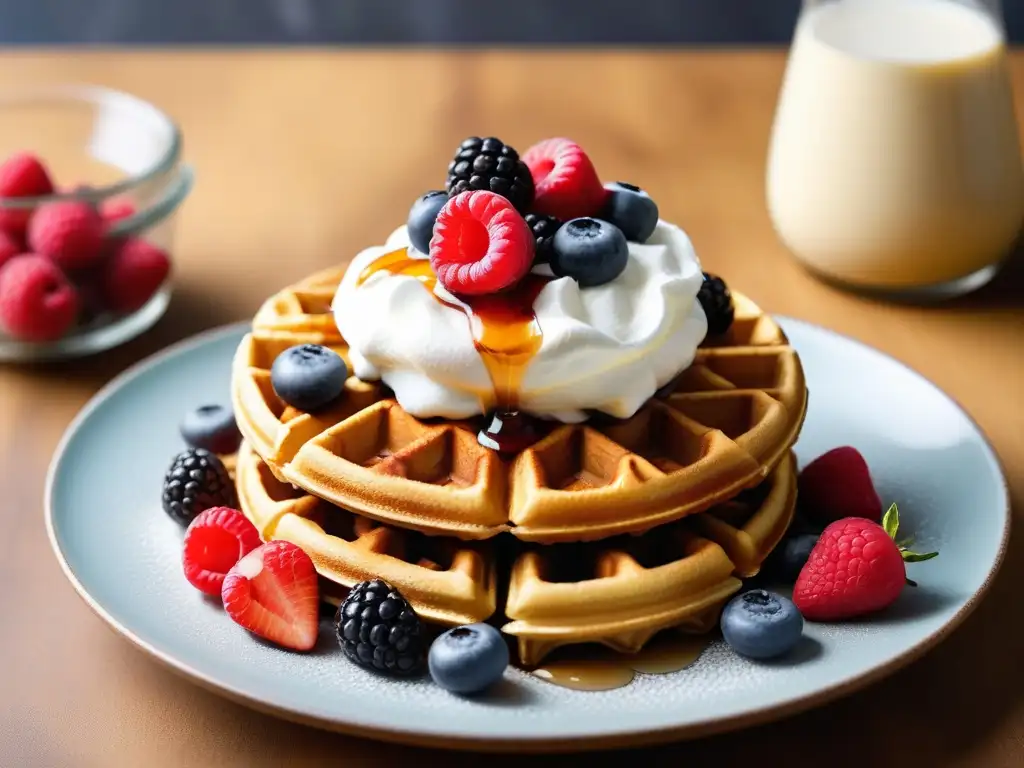 Deliciosos desayunos veganos americanos: apetitosas gofres dorados con crema de coco y frutos rojos frescos