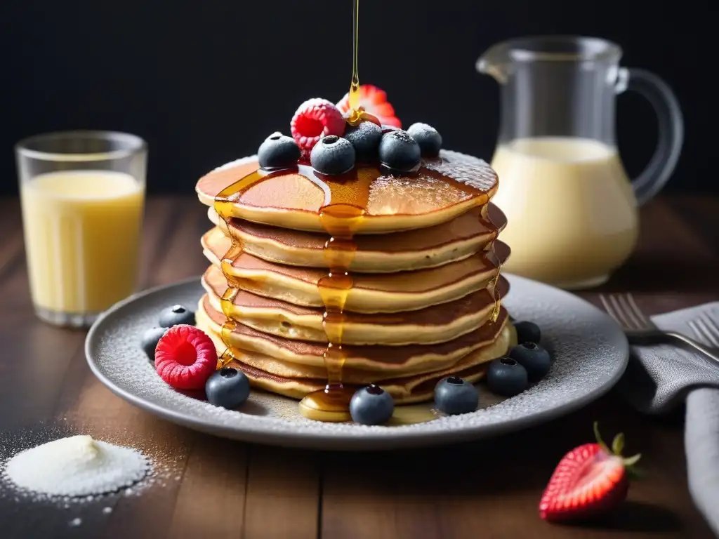 Deliciosos desayunos veganos americanos: apilado de esponjosas pancakes con mantequilla sin lácteos, sirope de arce, bayas y azúcar glass